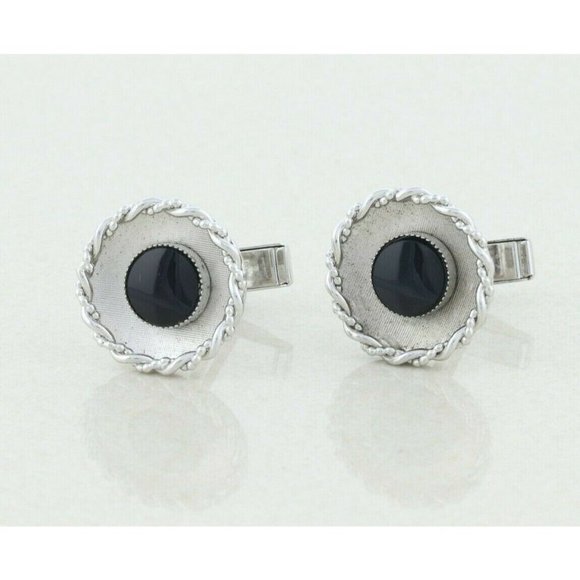 Mens Sterling Silver Onyx Whale Back Cufflinks - Picture 2 of 6